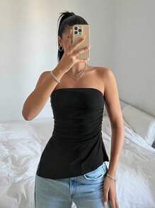 SHEIN EZwear Top tubo con volantes y abertura en el bajo, color negro sólido - Casual de uso diario para mujer