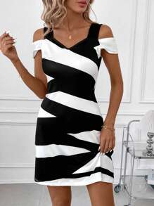 Editum Women's Geometric Pattern Off-Shoulder Short Sleeve A-Line Dress With Waistband - Black and White - View 6