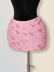 SHEIN ICON Váy ôm sát thời trang dự tiệc sinh nhật về quê cho nữ, xếp ly kim sa màu hồng lấp lánh - Hồng - Xem 3