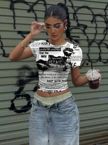 Muchica Personalized Street Collage Lip Graphic Tight Crop Top Shirt, Black & White Style, Suitable For Summer Back To School - White - View 4