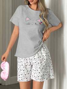 EURMUSE Women 2 Pcs Cute Cat Print Short Sleeved & Cat Pattern Shorts Homewear Cute Pajama Set - Light Grey - View 1