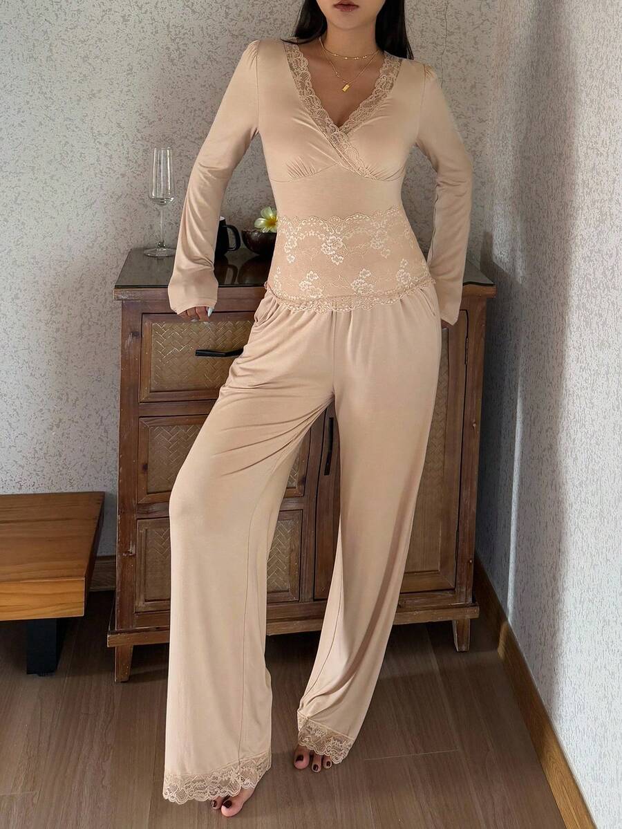 DAZY Comfortable Knit Lace Patchwork Women's Pajama Set, Fall Clothes, Cozy Outfits - Apricot - View 1