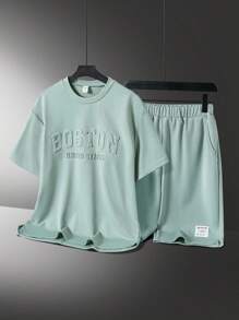 Vacaura 2 piezas Outfit casual para adolescentes varones, camiseta de cuello redondo con gráfico inglés con estampado de moda y estilo con diseño lateral curvo, pantalones cortos con etiqueta simple y bajo curvilíneo, adecuado para verano y otoño - Verde - Ver 4