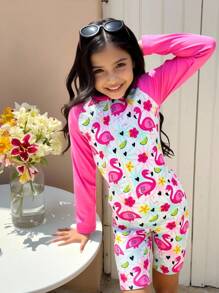 SHEIN 1 pieza Bañador con protección UV de manga larga con estampado de flamenco para niñas - Multicolor - Ver 3