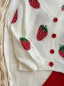SHEIN Baby Girl Casual Everyday Cute Christmas Party Strawberry Pattern Drop Shoulder Loose Cardigan And Flare Knit Pants Set, Autumn/Winter - White - View 4