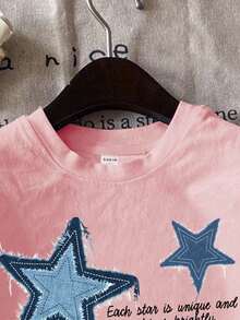 SHEIN Leap Crew ModeFlare Wear Tween Girl Casual Simple Pentagram Pattern Short Sleeves T-Shirt, Suitable For Summer - Pink - View 3