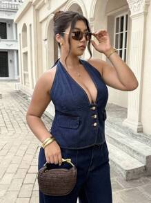 Jeanoix Plus Size Women Casual Sleeveless Tie Front Jacket - Dark Wash - View 3