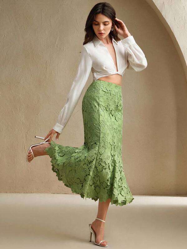 Anewsta Women's Fashionable & Elegant Patchwork Design Heavy Lace Hollow-Out Mermaid Skirt