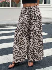 DAZY Women's Leopard Print Casual Loose Fit Wide Leg Cropped Pants - Brown - View 4