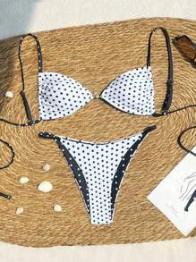 Bonvoyette 2件套全新多色黑白波尔卡圆点侧系带高开叉比基尼泳装女士海滩度假 - 黑與白 - 查看 2