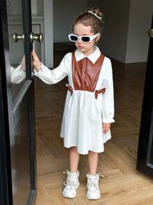 Elladie kids Đầm ngắn tay dài cổ bẻ vai thường ngày, cạp cao, chất liệu PU, phối họa tiết nơ, thích hợp cho bé gái đi học mùa thu. - Cà phê - Xem 4