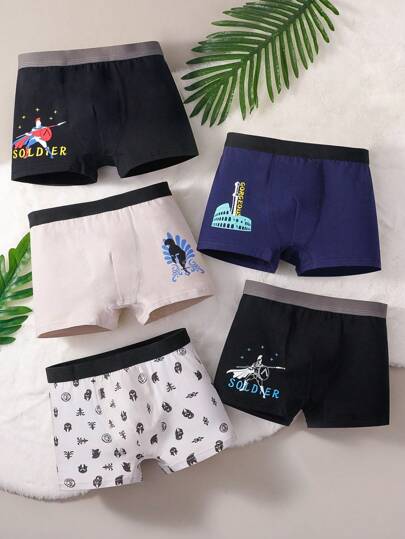 5 件/包儿童男童内裤，罗马战士卡通印花，舒适棉质三角裤
