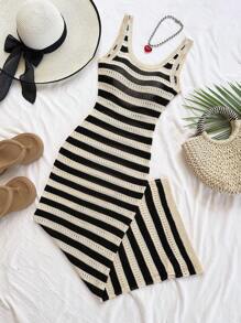 Soleia 杏色 & 黑色撞色条纹镂空波西米亚浪漫花卉度假针织连衣裙