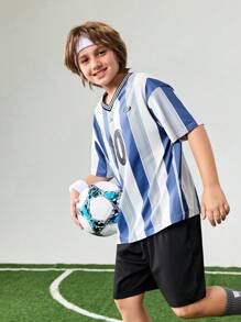 JNSQ 返校青少年男孩户外运动球衣 T 恤和短裤套装，儿童 V 领趣味字母和数字印花专业户外运动制服套装