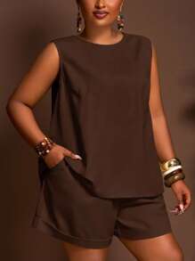 Slaydiva Slaydiva 2025 New Arrivals Plus Size Casual Loose Solid Color Sleeveless Top And Shorts 2 Pieces Set Brown Short Sets Women Short Sets Brown Clothes Dark Brown Top Chocolate Brown Top,Fall Clothes For Women