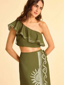 CAJUNI Bộ 2 món áo và chân váy xếp nếp cổ bất đối xứng họa tiết nhiệt đới màu xanh lá cây dành cho nữ - màu xanh lá - Xem 5