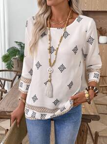 EMERY ROSE Áo sơ mi nữ cổ tròn tay 3/4 họa tiết hoa thường ngày - Màu Khaki - Xem 7