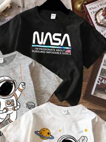 SHEIN Leap Crew 3 件套男童休闲宇航员图案圆领短袖 T 恤，适合夏季