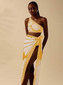 CAJUNI Women's Vacation Boho Yellow Shell Print Casual Beach Wrap Skirt Cover Up,Swimsuits,Swim Suits For Women,Cover Ups For Swimwear,Swim Cover Up Women,Bathing Suit Cover Up,Cover Up,Swimsuit Cover Up,Swim Cover Up,Beach Cover Up, Country Concert - Yellow - View 3