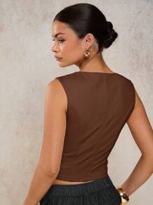 COSMINA Áo ba lỗ thời trang ôm sát cổ chữ V màu trơn dành cho nữ - Cà phê nâu - Xem 2