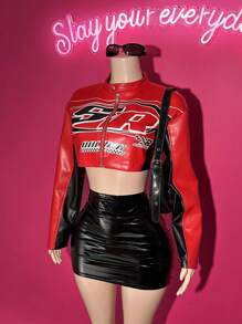 Slaydiva 秋冬休闲街头摩托车风格圆领长袖超剪裁PU女式赛车短款夹克