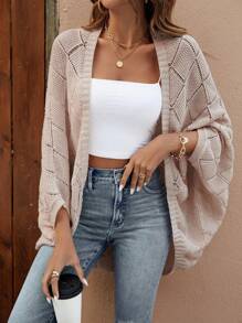 SHEIN LUNE LUNE Hollow Out Design Batwing Sleeve Casual Loose Knit Cardigan, Suitable For Vacation, Beach, Music Festival