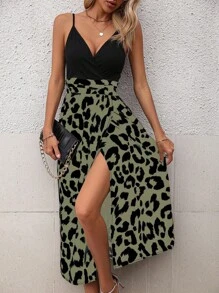 Chiquease 豹纹开衩大腿吊带连衣裙长款女装夏季大学校园服装