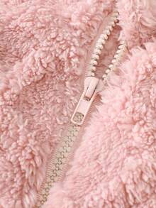 SHEIN 1. 新生女宝宝可爱毛绒耳朵连帽菱形印花拉链长袖连体衣，带3D刺绣兔子贴片，秋冬粉色纯色蓬松连帽长袖连体衣