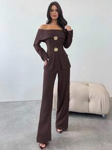 Firerie Women New Autumn And Winter Back Strap Retro Brown One-Shoulder Suit Jacket And Versatile Trousers Suit Two-Piece Suit Sets,Graduation,Teacher Outfits For Women,/Fall Women Clothes/Business Casual Woman/Teacher/Back To School/Old Money/Vintage Clothes Women/Off Shoulder Top And Pants Commuter Suit One Shoulder Suit Office Style Suit  Office Outfits For Women Business Casual Suit