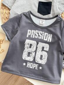 4Pcs Baby Boy Casual Set - Minimalist Letter & Plaid Pattern Round Neck Short Sleeve Top And Loose Pants, Spring/Summer Pajamas Graphic