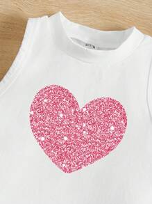 SHEIN Young Girls' Casual Sleeveless Round Neck Tank Top With Minimal Heart Print, Suitable For Summer