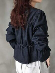FRIFUL 女式荷叶边系带休闲牛仔衬衫 - 黑色 - 查看 5