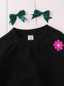 Emery Rose Kids Emery Rose Kids 女宝宝宽松休闲舒适圆领长袖花卉印花卫衣和裤子套装 - 黑色 - 查看 4