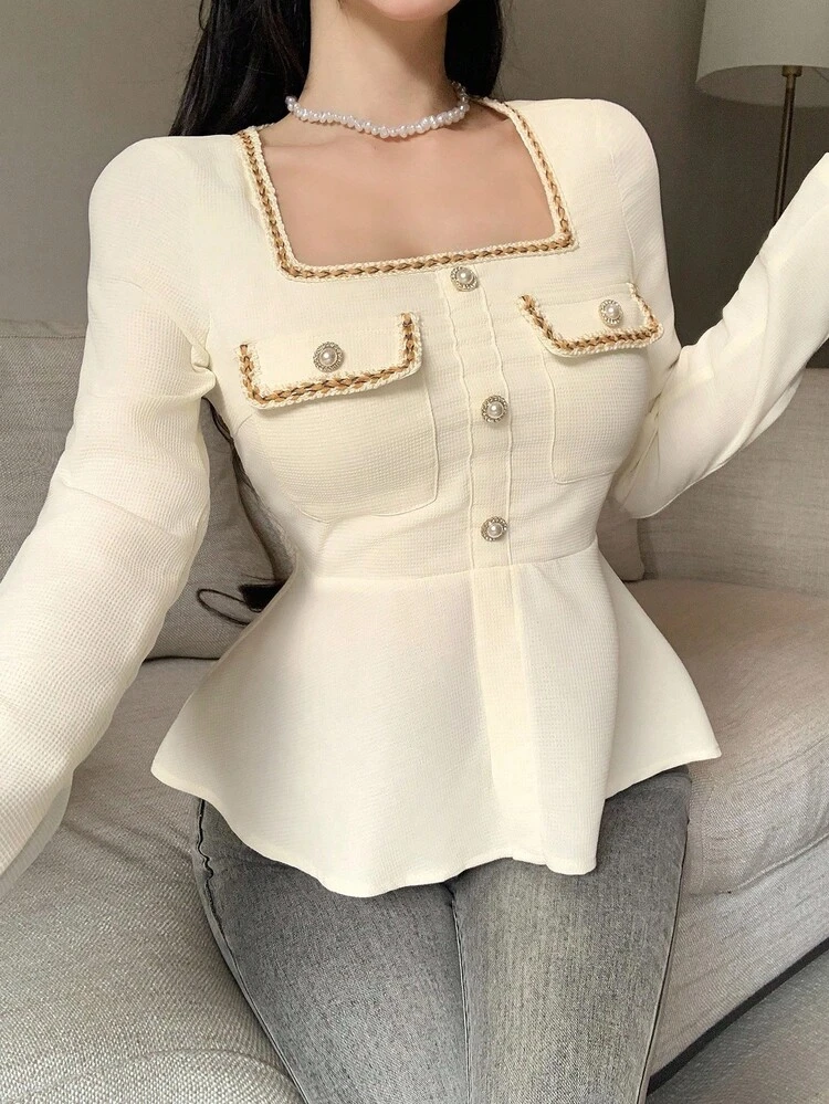 Autumn Fitted Ruffle Contrast Color Ribbon Rhinestone Elegant Square Neck Collar Long Sleeve Blouse For Women, Suitable For Wedding & Party,Fall Women Clothes Babydoll Top
