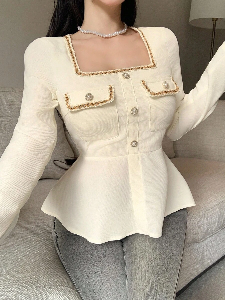 DAZY 秋季修身荷叶边撞色丝带水钻优雅方领长袖女衬衫，适合婚礼和派对，秋季女装 - 米色 - 查看 1