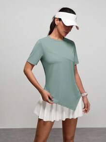 SHEIN Sports Damen T-Shirt mit einfarbigem rundem Kragen, kurzen Ärmeln und asymmetrischem Saum für den Outdoor-Bereich