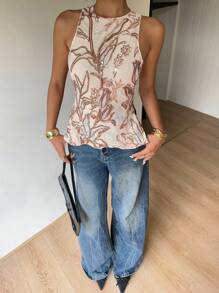 Siren Gaze 女式花卉亮片装饰侧开衩圆领时尚吊带背心 - 杏色 - 查看 6