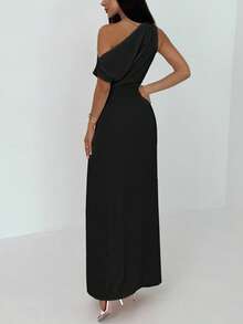 Aloruh Women's Solid Color Ruched Asymmetric Hem Dress,Elegant Dresses For Women,Fall Wedding Guest Dress - Black - View 2