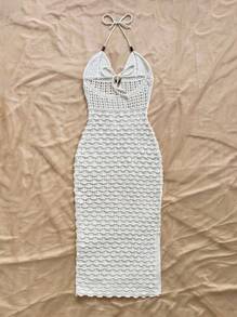 Soleia 细肩带 V 领镂空木珠修身女式针织连衣裙，度假露背渐变色长裙，适合度假、约会、下午茶、音乐节、波西米亚风 - 白色 - 查看 2