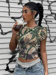 Muchica 复古街头风格迷彩全印花紧身短袖T恤女款夏季 - 白色 - 查看 1