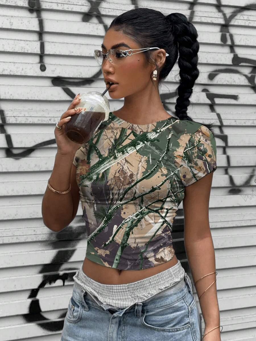 Muchica 复古街头风格迷彩全印花紧身短袖T恤女款夏季 - 白色 - 查看 1