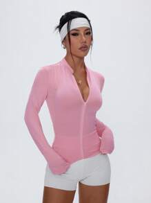 Gameset SHEIN Sport 女士网眼拼布拉链运动夹克 - 粉色 - 查看 4