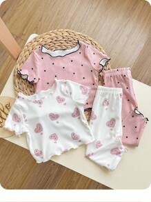 4pcs Baby Girl Ribbed Ruffle Trim Cartoon Print Short Sleeve Top And Long Pants Pajama Set, Breathable And Moisture-Wicking Graphic - Pink - View 3