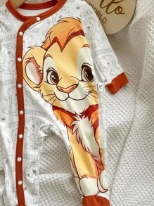 2 件装新生儿男孩可爱狮子卡通印花圆领斜襟连身裤和帽子套装，柔软舒适睡衣 - 米色 - 查看 5