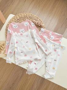 4pcs Baby Girl Cute Cat Print Ruffle Trim Round Neck Long Sleeve Top And Pants Soft Comfortable Homewear Set Graphic - Pink - View 2