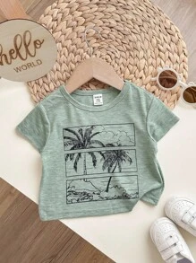 Baby Boy Cartoon Coconut Tree Pattern Knitted Soft Round Neck Short Sleeved Top - Green - View 5