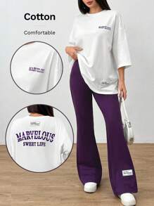 Mulvari 2pcs/Set Women Letter Print Round Neck Tee And Flared Pants, Casual Women's Summer Slogan Print Dropped Shoulder T-Shirt And Casual Pants 2pcs/Set, Casual Outfits Tracksuit 2 Pieces Lounge Set, Suitable For Walking/Sports/Back To School & Everyday Casual Wear Contains Cotton, Quick Sweat Absorption