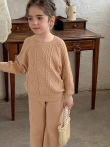 LMoss Kids LMoss 2件套女童纯色圆领修身毛衣和打底裤套装，女童针织套装，女童毛衣套装，针织套装，女童针织套装，返校季棕色针织套装，套头衫，秋季毛衣，冬季毛衣 - 杏色 - 查看 6