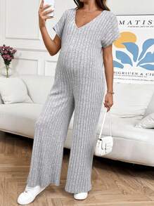 SHEIN Maternity Solid Color V-Neck Batwing Short Sleeve Ribbed Wide Leg Casual Jumpsuit
