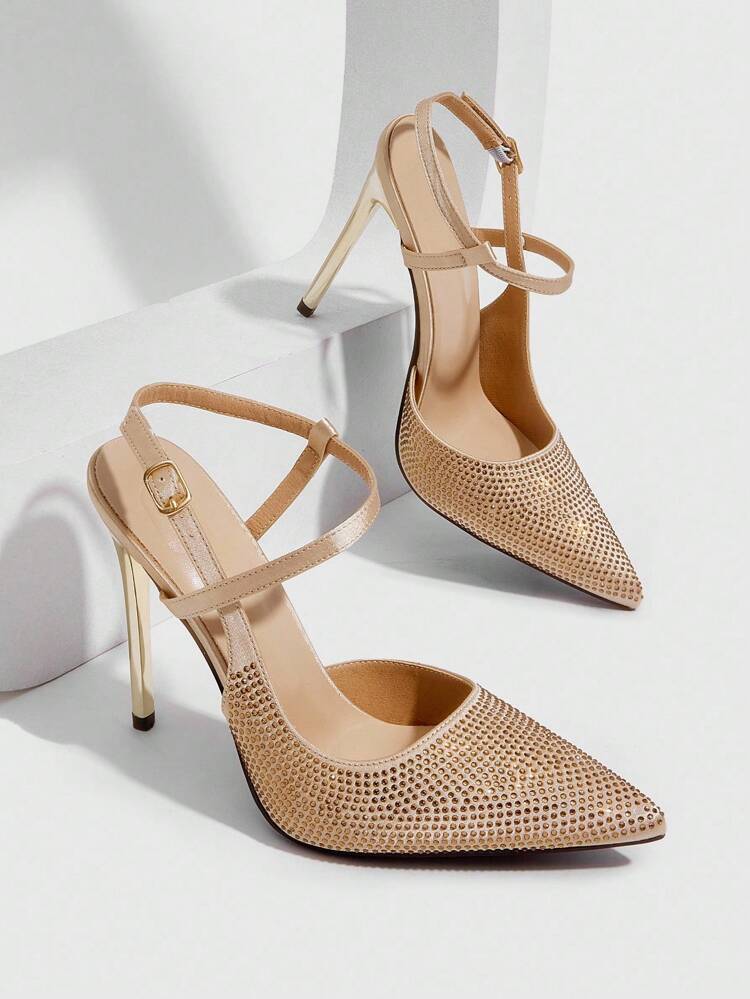 CUCCOO SZL Women's Apricot Rhinestone Embellished Slip-On High Heel Pumps For Christmas Spring Shoes